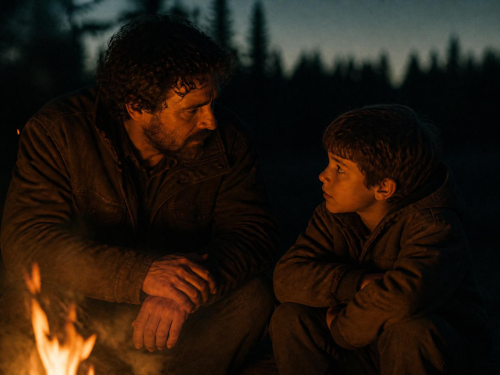Father and young son in quiet conversation beside a campfire at dusk